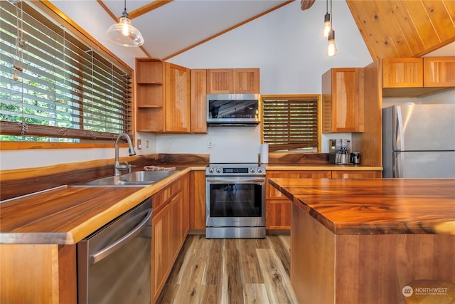 252 Snyder Rd, Packwood, WA 98361 - kitchen with wooden counters, lofted ceiling, light hardwood / wood-style flooring, stainless steel appliances, and hanging light fixtures