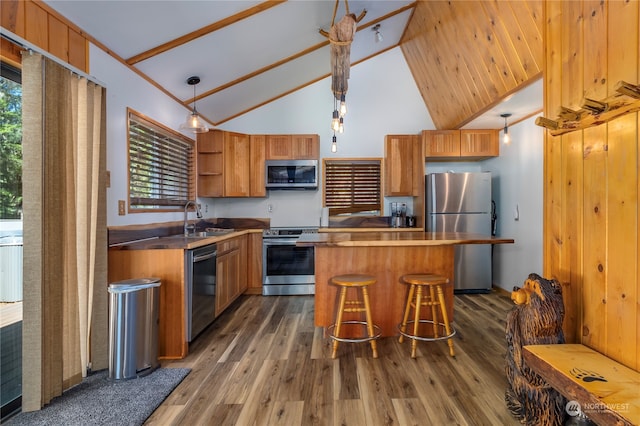 252 Snyder Rd, Packwood, WA 98361 - kitchen featuring decorative light fixtures, stainless steel appliances, a breakfast bar area, a kitchen island, and dark wood-type flooring