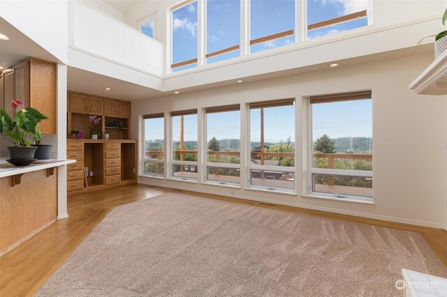 unfurnished living room with light hardwood / wood-style flooring and a high ceiling