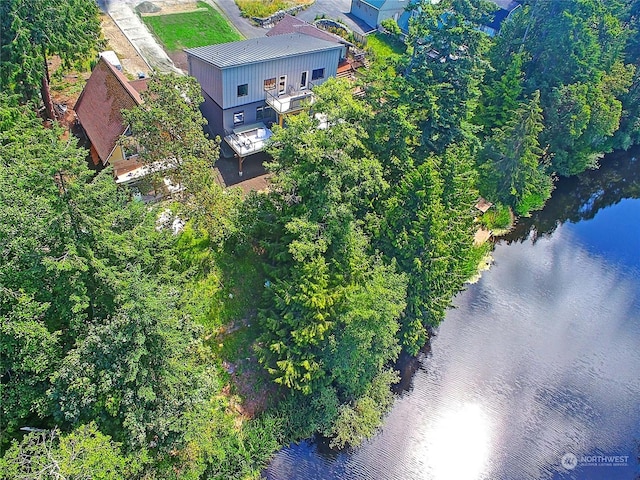 drone / aerial view with a water view