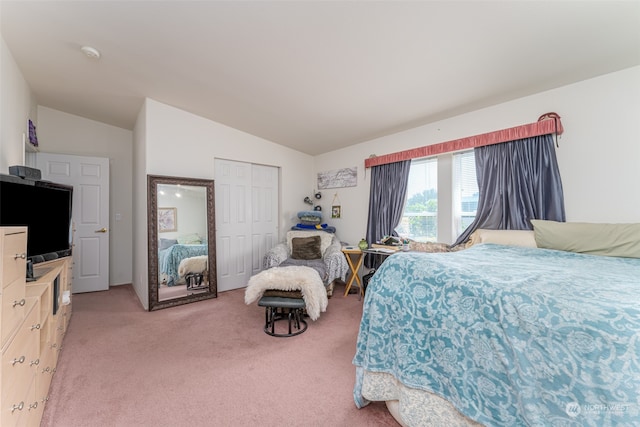 carpeted bedroom featuring lofted ceiling and a closet