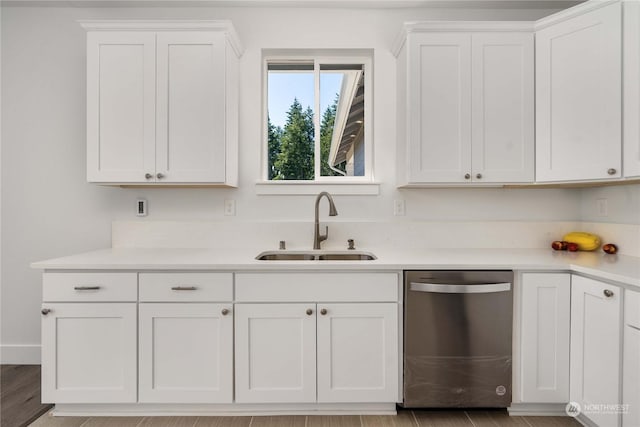 kitchen with white cabinets, dishwasher, and sink