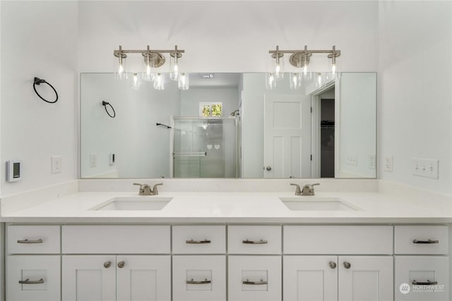 bathroom with a shower with door and vanity