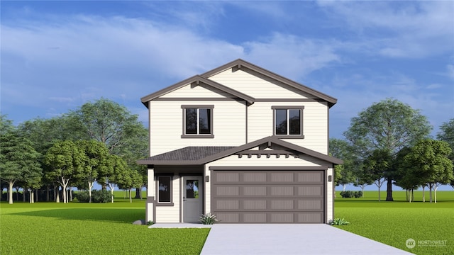 view of front of house featuring a garage and a front lawn