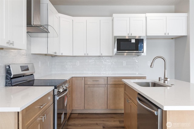 kitchen featuring a sink, stainless steel appliances, light countertops, wall chimney range hood, and backsplash