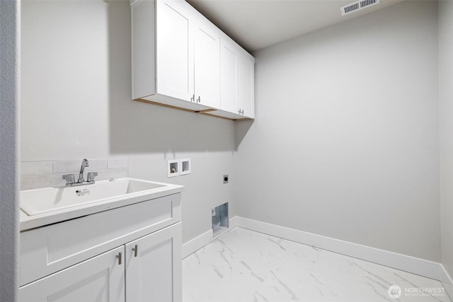 laundry room with marble finish floor, hookup for a washing machine, visible vents, cabinet space, and electric dryer hookup