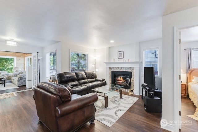 living room with a tile fireplace and dark hardwood / wood-style flooring