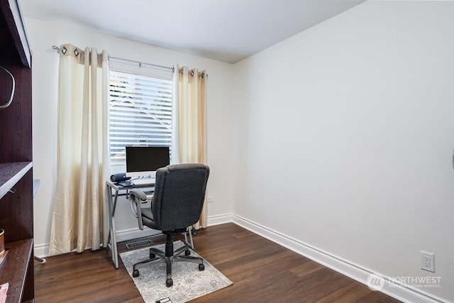 home office with dark wood-type flooring