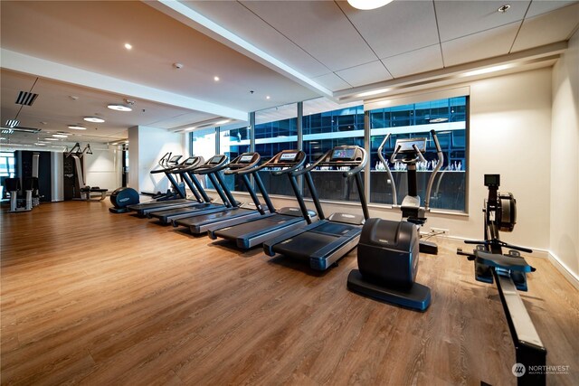 gym featuring hardwood / wood-style floors