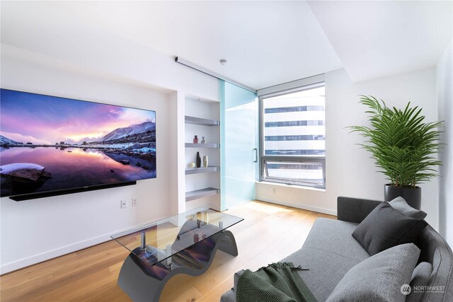 home theater featuring built in features and light wood-type flooring