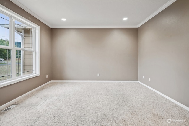 carpeted spare room with crown molding and plenty of natural light