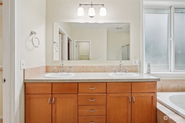 bathroom with vanity and separate shower and tub