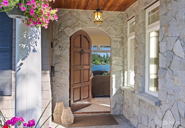 doorway to property featuring stone siding