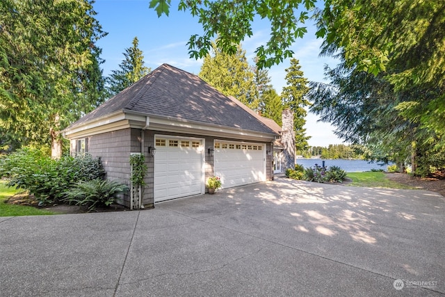 garage featuring a water view