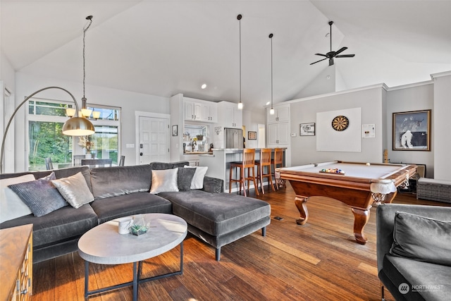 living room featuring wood-type flooring, ceiling fan, high vaulted ceiling, and billiards