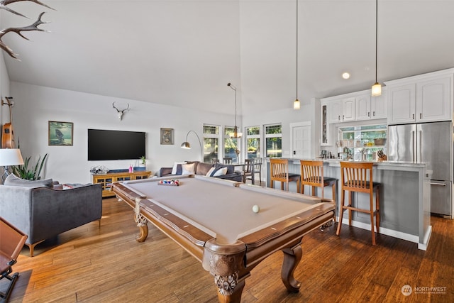 recreation room featuring pool table, high vaulted ceiling, and hardwood / wood-style floors