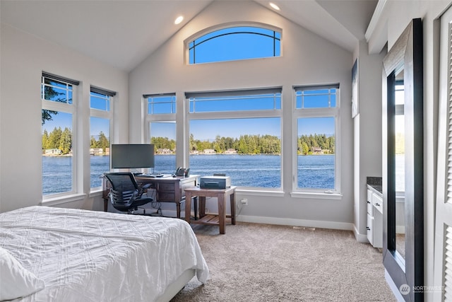 carpeted bedroom with a water view, multiple windows, and high vaulted ceiling