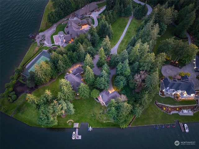 aerial view featuring a water view