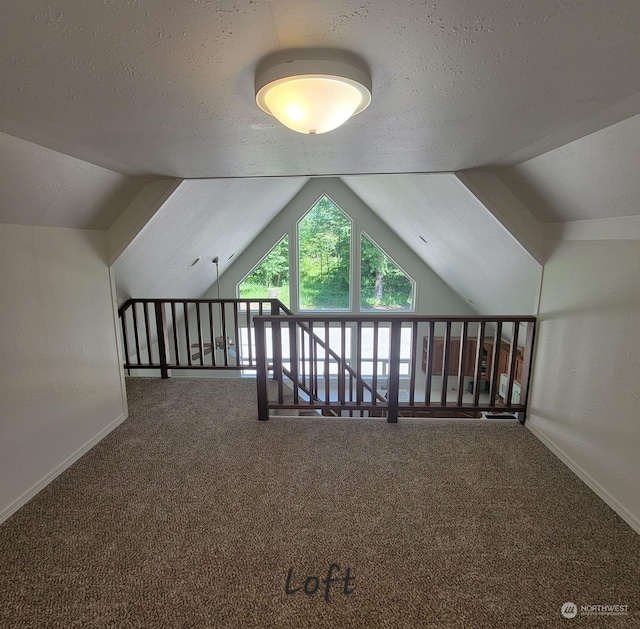 bonus room featuring a textured ceiling, carpet floors, and vaulted ceiling