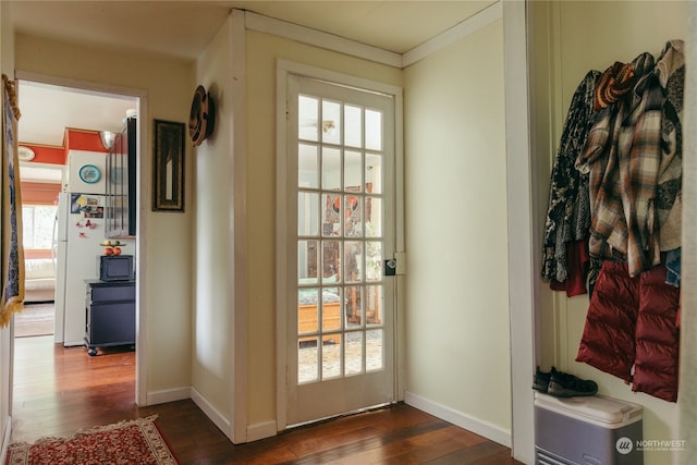 entryway featuring crown molding, dark hardwood / wood-style flooring, and plenty of natural light