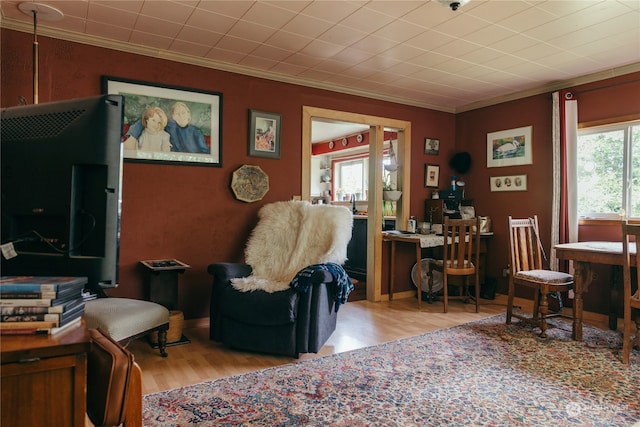 living room featuring ornamental molding and light hardwood / wood-style floors