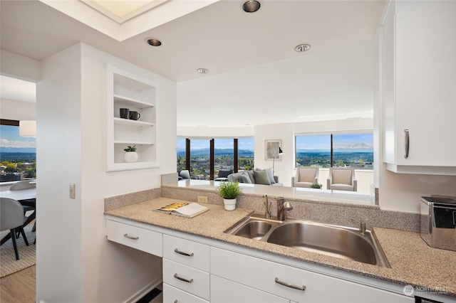 kitchen featuring sink, wood-type flooring, light stone counters, and white cabinets