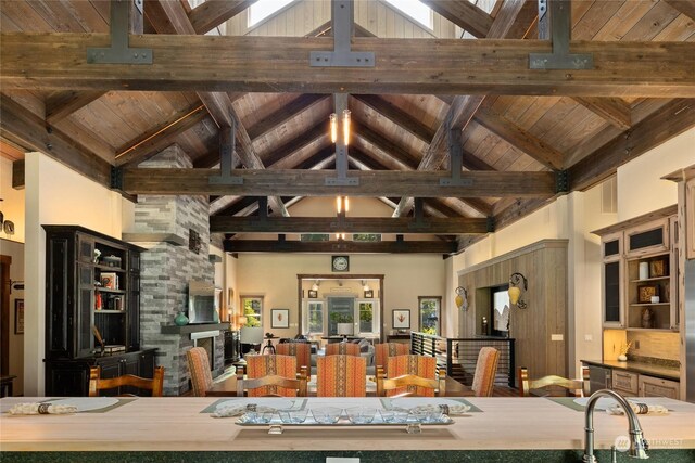 kitchen featuring high vaulted ceiling, beamed ceiling, and wooden ceiling