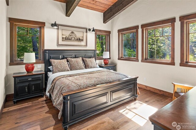 bedroom with wood ceiling, dark hardwood / wood-style floors, and lofted ceiling with beams