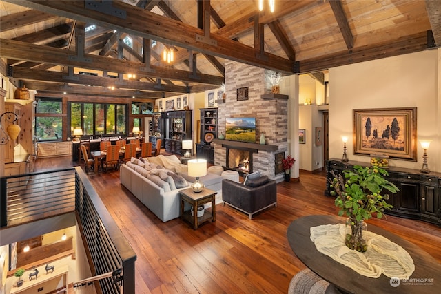 living room featuring a fireplace, wood ceiling, beam ceiling, high vaulted ceiling, and dark hardwood / wood-style floors