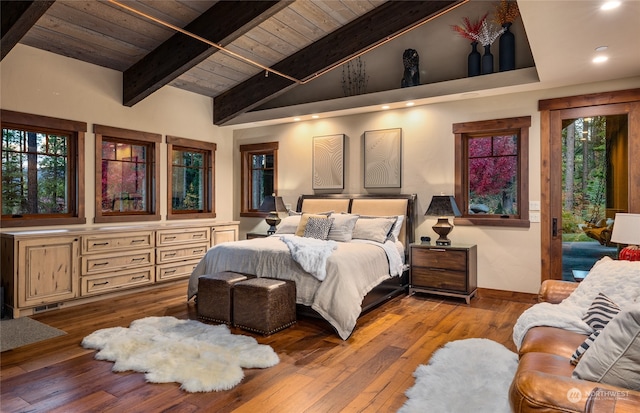 bedroom with wood-type flooring, wood ceiling, access to exterior, beam ceiling, and high vaulted ceiling