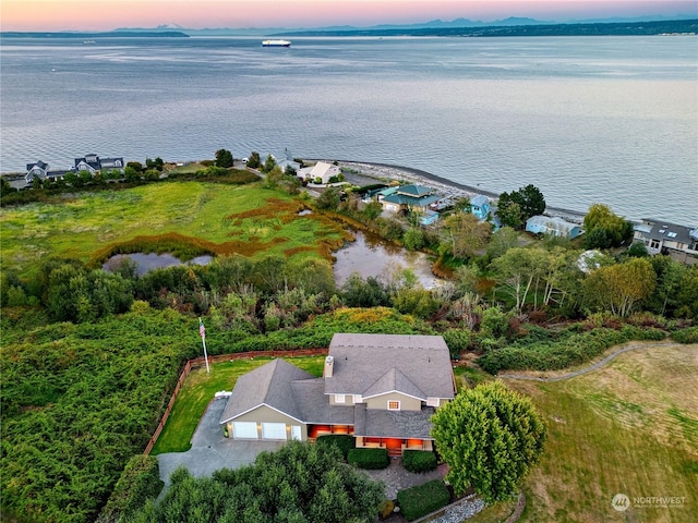 bird's eye view with a water view