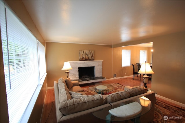 living room with a fireplace, hardwood / wood-style floors, and a healthy amount of sunlight