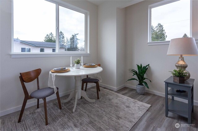 dining area with plenty of natural light and dark wood-type flooring