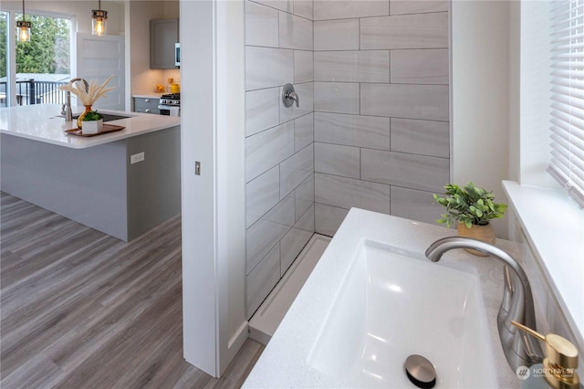 bathroom featuring vanity, wood-type flooring, and walk in shower