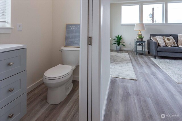 bathroom featuring toilet, vanity, and hardwood / wood-style flooring