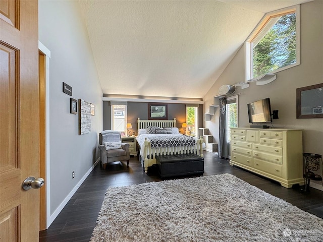 bedroom with baseboards, high vaulted ceiling, dark wood finished floors, and a textured ceiling