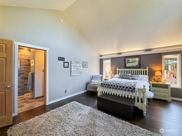 bedroom featuring a textured ceiling, baseboards, high vaulted ceiling, and hardwood / wood-style flooring