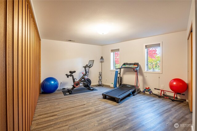 100 Ridgetop Pl, Sequim, WA 98382 - workout room with baseboards, wood finished floors, and a baseboard radiator