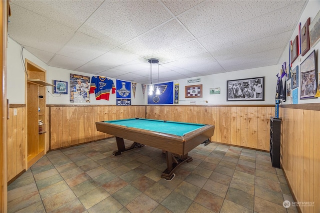 100 Ridgetop Pl, Sequim, WA 98382 - game room featuring a wainscoted wall, pool table, a drop ceiling, and wood walls