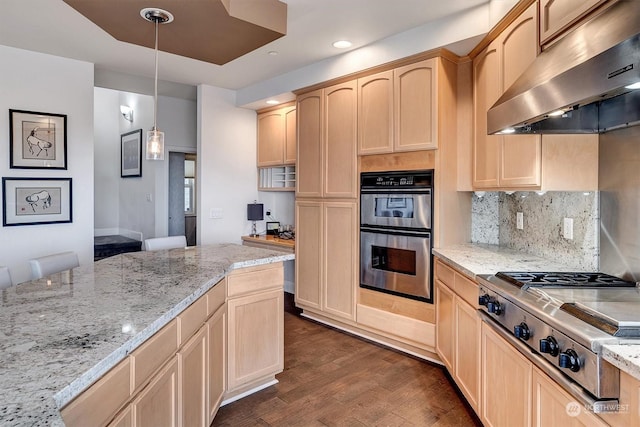 kitchen with decorative backsplash, appliances with stainless steel finishes, light brown cabinetry, dark wood-type flooring, and hanging light fixtures