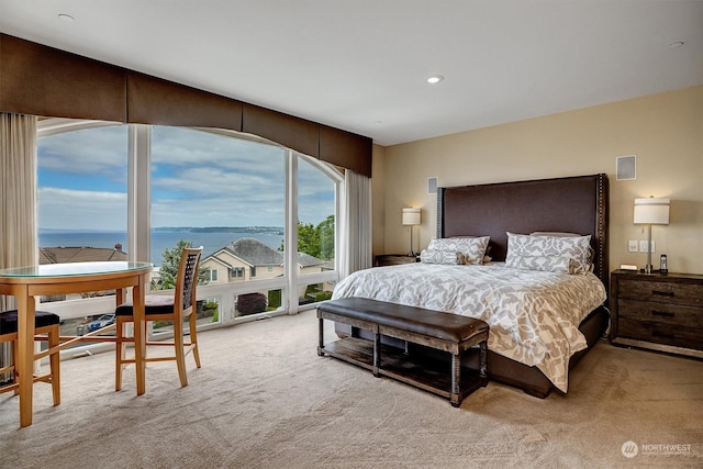 carpeted bedroom featuring a water view