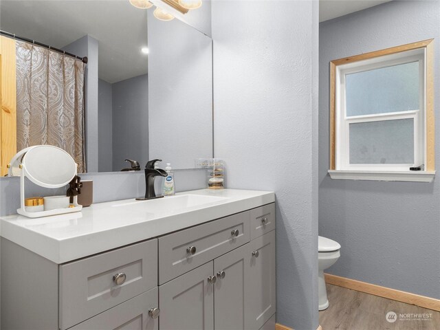 bathroom with hardwood / wood-style floors, vanity, and toilet