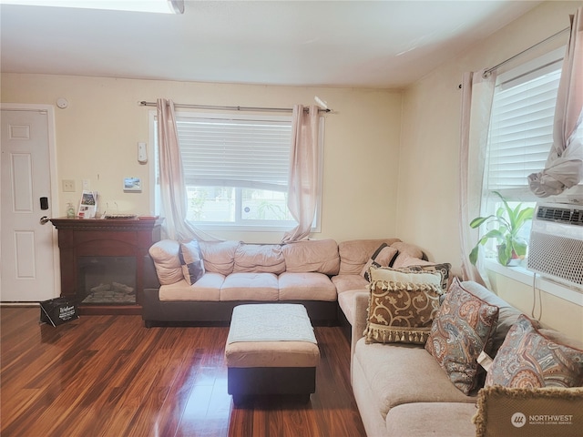 living room with dark hardwood / wood-style flooring