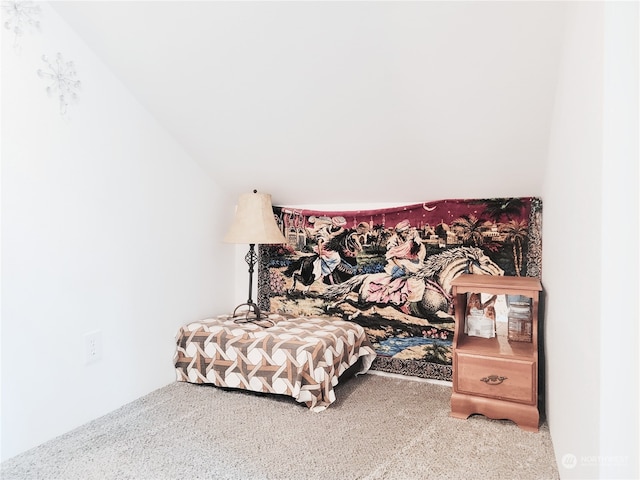 bedroom with vaulted ceiling and carpet