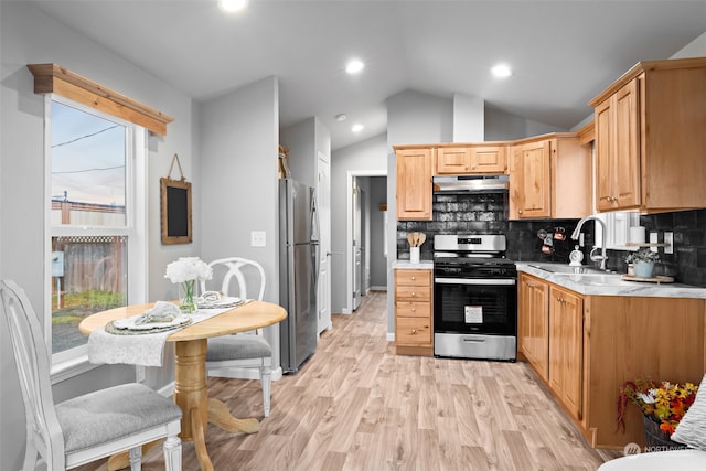 kitchen featuring sink, stainless steel appliances, a wealth of natural light, and vaulted ceiling