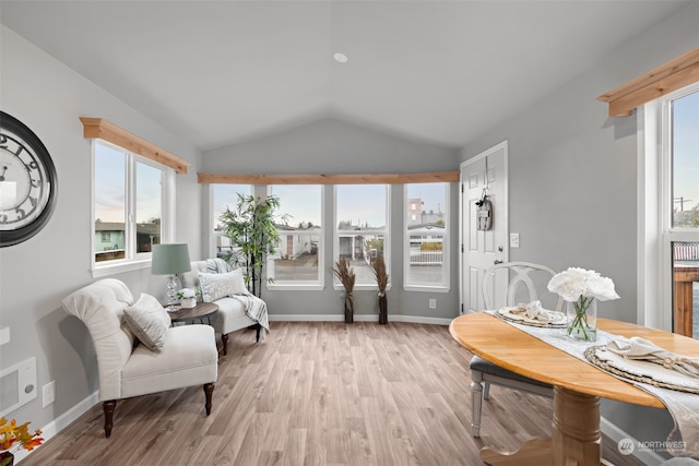 living area featuring a wealth of natural light, light hardwood / wood-style floors, and lofted ceiling