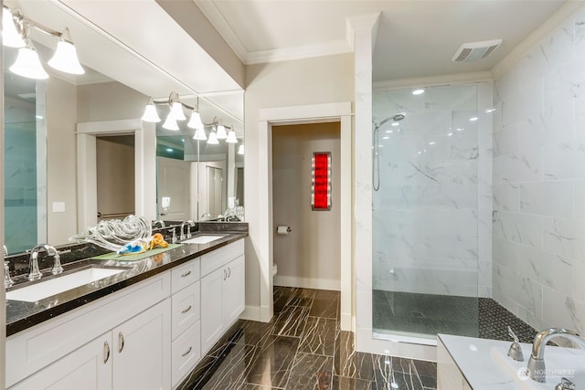 bathroom with crown molding, tile patterned floors, double sink vanity, and a shower with shower door