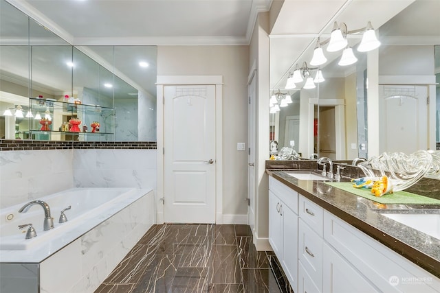 full bathroom with double vanity, baseboards, a garden tub, crown molding, and a sink