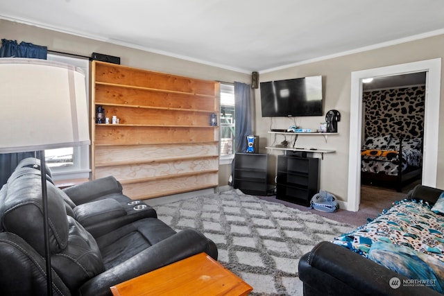 carpeted living room with crown molding