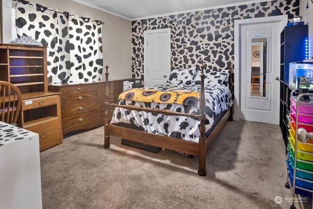 carpeted bedroom featuring ornamental molding